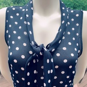Beautiful Sheer Navy blue & white Polka Dot tank top with low Bow-tie collar